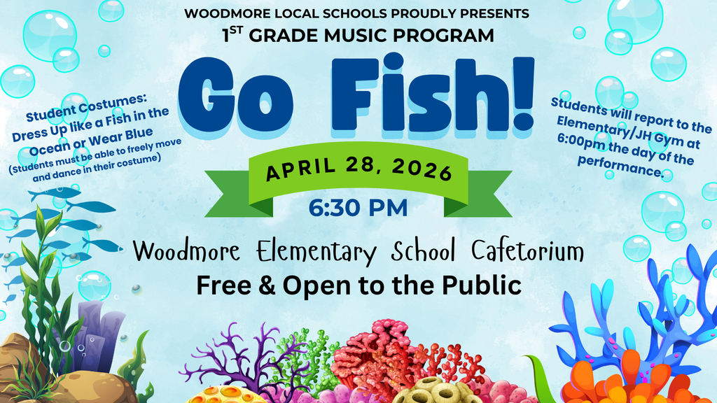 Blue underwater scene with bubbles, fish, corral, and plant life. It advertises the "Go Fish" program that took place on April 28, 2026 with location, time, and costume information.