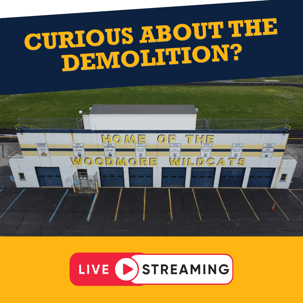 Image of the stadium with a blue banner and yellow writing at the top that says "Curious about the demolition?" At the bottom there is a yellow banner and it has a red and white "Live streaming" logo on it.