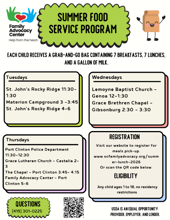 Summer Food Program information through Family Advocacy Center. For more information please see www.ocfamilyadvocacy.org/summer-lunch-2026