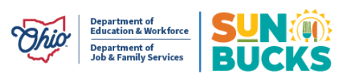 Graphic for Ohio Department of Education and Workforce and the Department of Job and Family Services. The colorful "Sun Bucks" logo is on the right