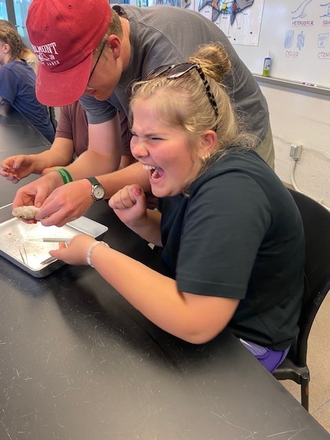 Students dissect a fish inside a lab. One of the students is making a face with her mouth open.