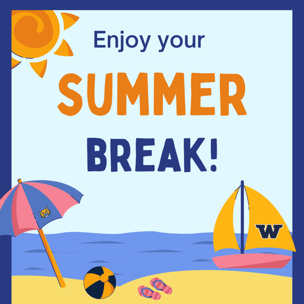 Cartoon beach theme with a body of water, sand, beach umbrella, ball, flip flops, and a sailboat in the water. There is a sun in the top left. The text reads "Enjoy your summer break!"