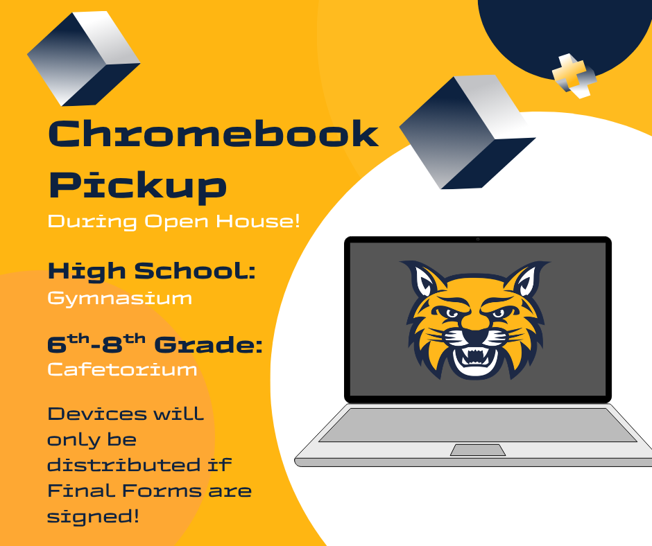 Chromebook Pickup information on yellow background with blue cubes floating near the top. A laptop with a Wildcat head on the screen is on the right hand side. All information on the graphic is contained in the post.
