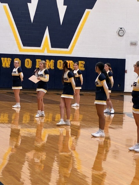 Cheerleaders stand in lines on the gym floor with their arms behind the backs, listening to the MC speak on the microphone.