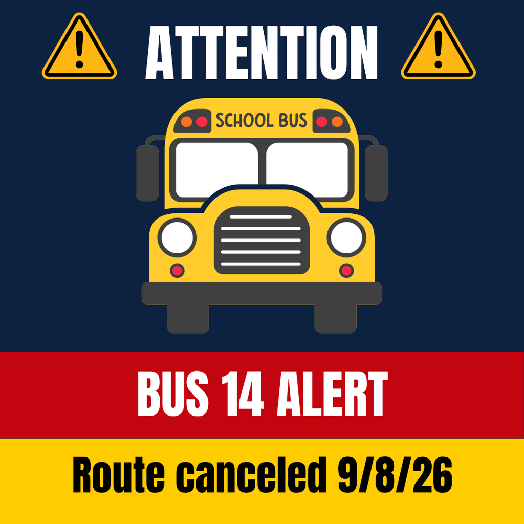 Bus 14 canceled on 9/8/26 Blue background with bus and "Attention" across the top. In a red bar under the bus it says "Bus 14 Alert"
