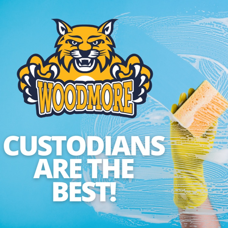 A gloved hand holds a sponge, wiping soap suds off a glass surface against a light blue background. On the left side, white bold text reads "CUSTODIANS ARE THE BEST!" below a yellow wildcat mascot logo with the word "WOODMORE" across its front.