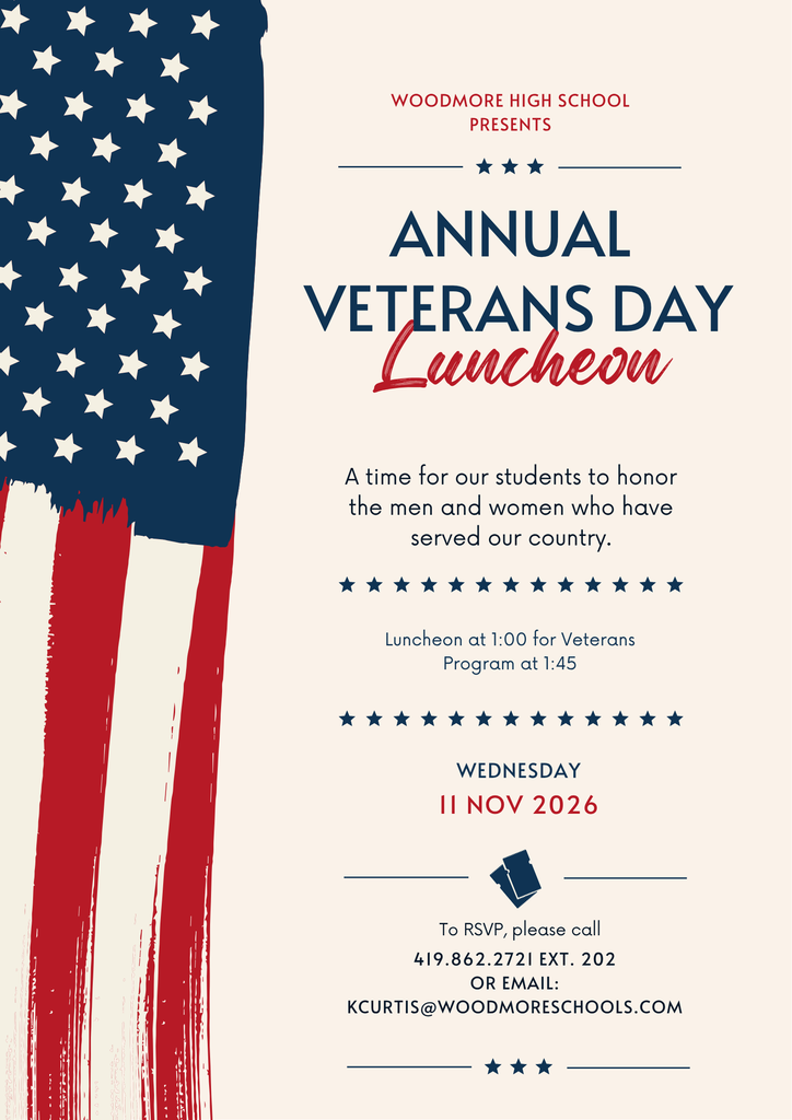 Flyer for Woodmore High School's Annual Veterans Day Luncheon on Wednesday, November 11, 2026. Luncheon starts at 1:00 PM for veterans, followed by a program at 1:45 PM. Features an American flag motif on a cream background.