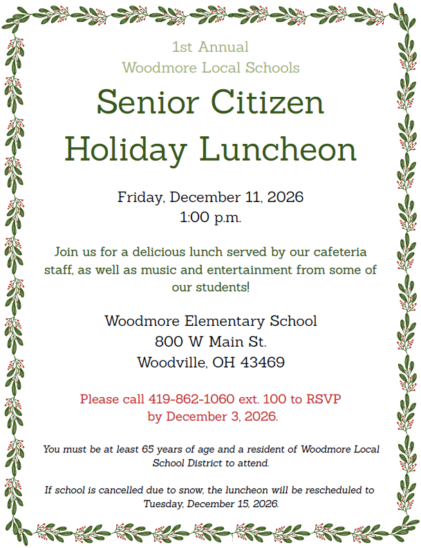 White flyer with holly and ivy border in red and green. Text is about the Senior Citizen Holiday Luncheon and is in various shades of red, green, and black. All information about the luncheon can be found in the text of this post.