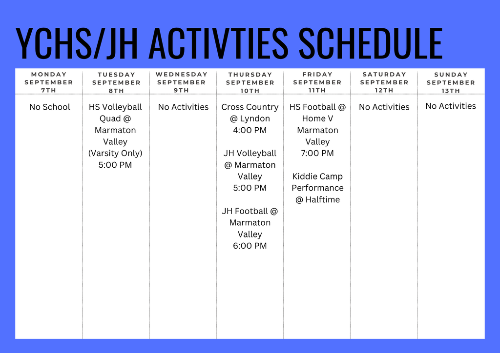 JH/HS Activities for 9/7-9/13