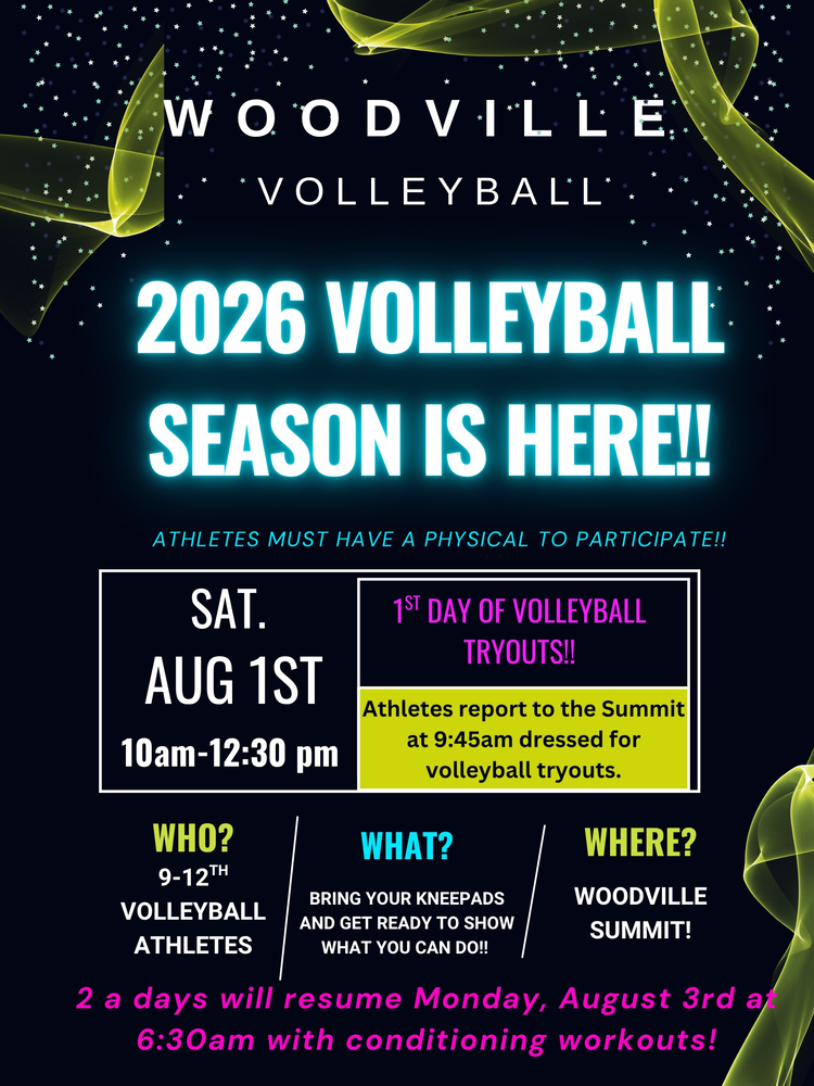 2026 Volleyball Season Is Here! Sat. Aug. 1st 10 am-12:30 first day of volleyball tryouts.