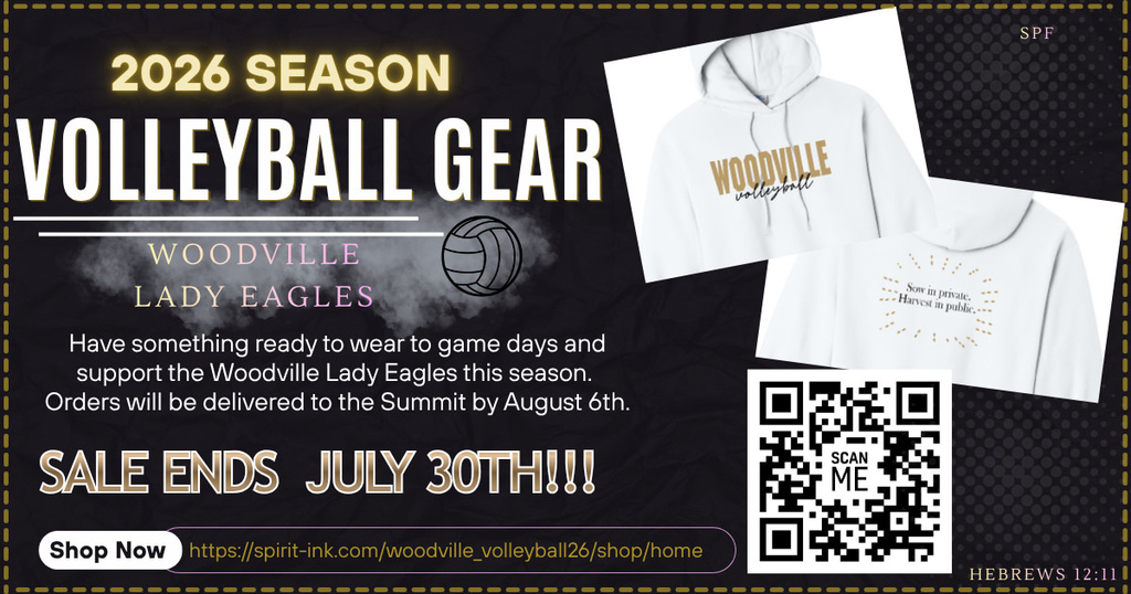 Image of volleyball spirit gear. Design is Woodville bold in gold Volleyball in black cursive below.