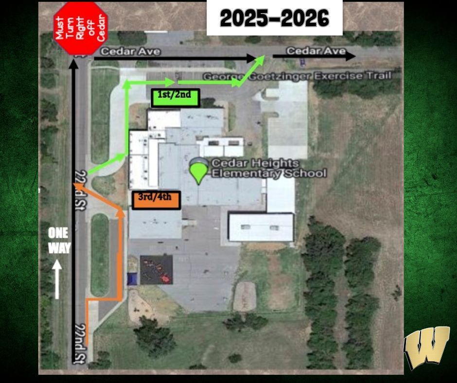 🚗 Cedar Heights Traffic Flow 🚦 Doors open 7:30 AM Walkers: Sign up in the front office Bus riders: Sign up at the Bus Barn (Boomer Lane) One-way entrance from 22nd Street only Westbound Cedar traffic: Right turn only at 22nd Street