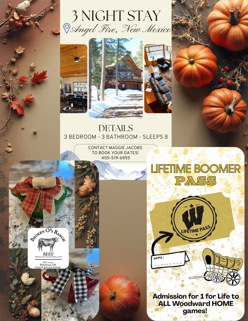 A 3-night stay in a large cabin in Angel Fire, NM + Gift Card! Broken O’s Ranch beef packaged in small Dutch ovens! A Lifetime Boomer Pass !