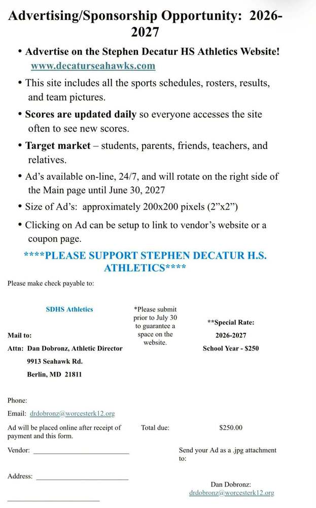 advertising on the SDHS athletic site
