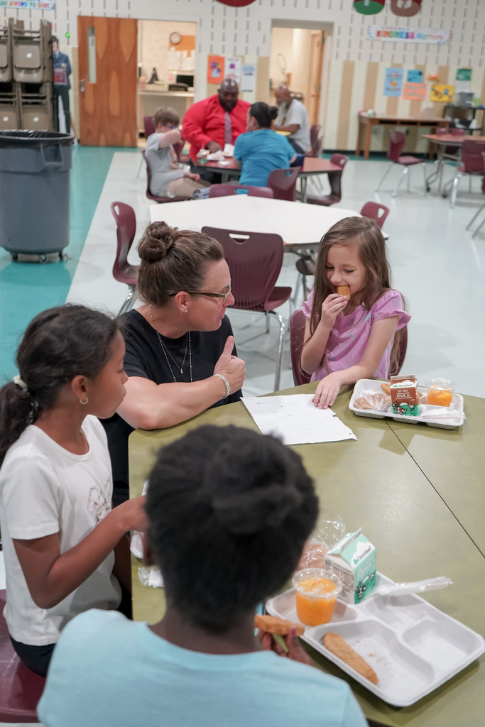 Teacher and students at table