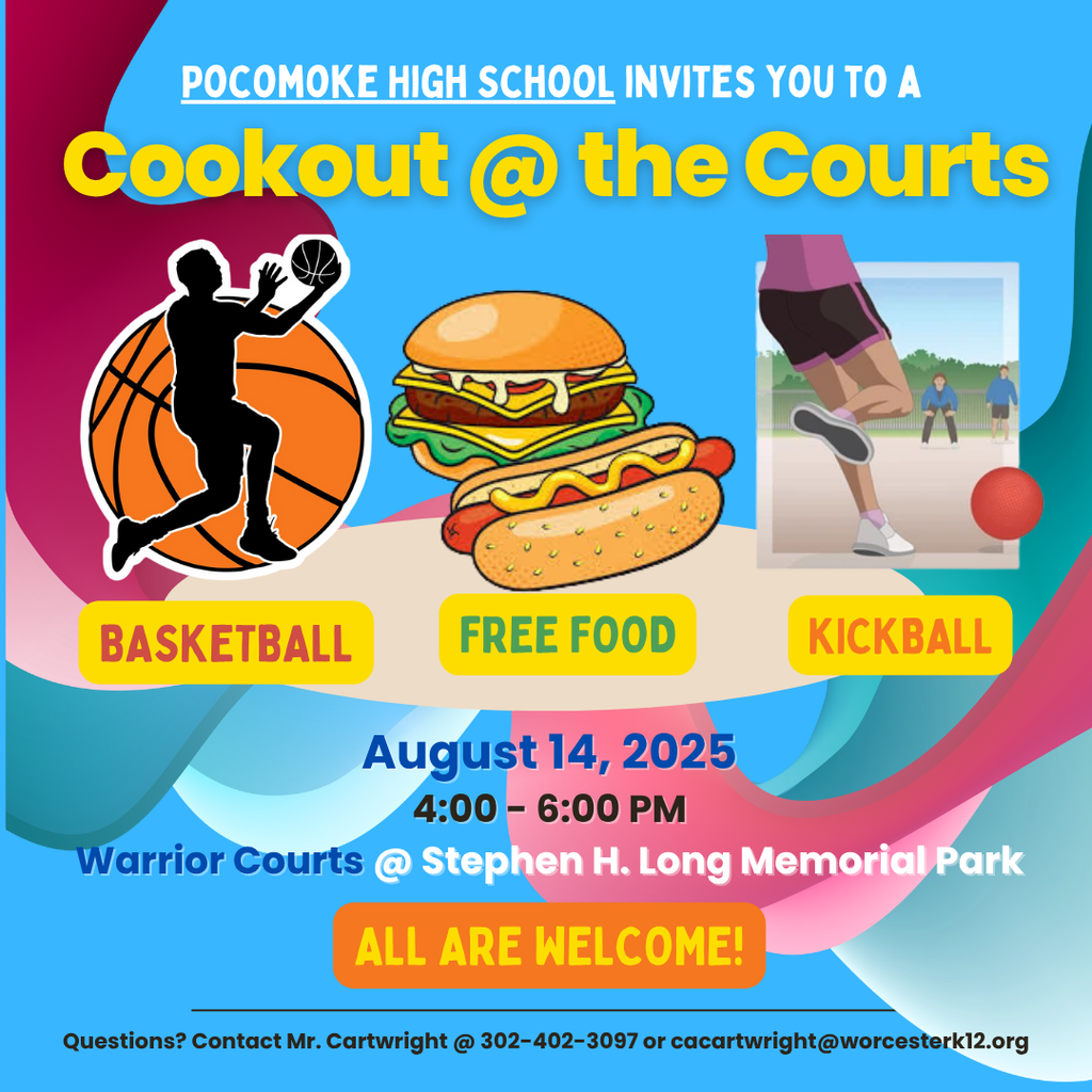 Cookout with pics of basketball, hamburger and hot dot, kickball
