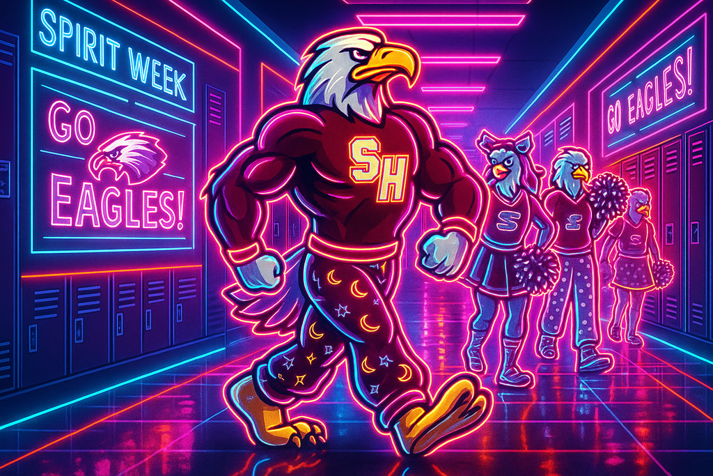 Neon Eagles walking down hallway in Pajama Pants