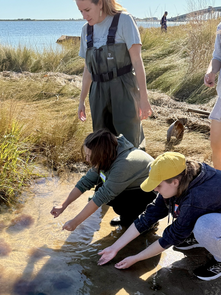 Two students crouching by the shoreline examining the water with an instructor standing nearby.