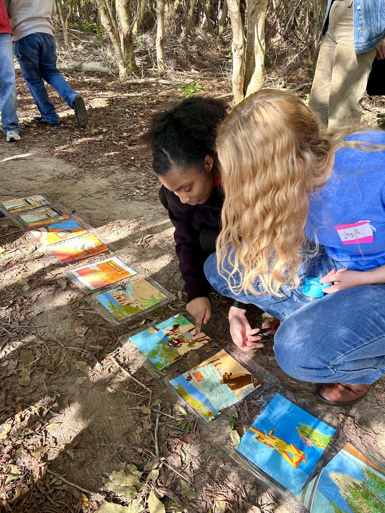 Two students kneeling on the ground outdoors, examining a set of laminated cards spread out in front of them.