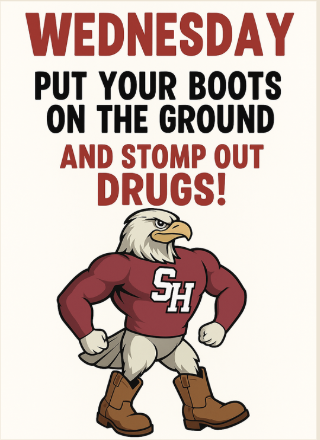 Wednesday Stomp out Drugs. An Eagle wearing cowboy boots.