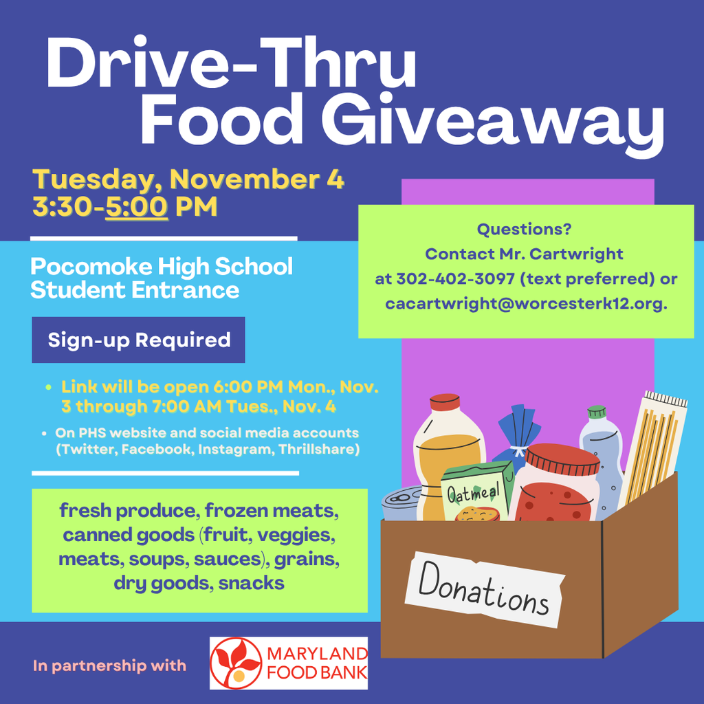 drive thru food giveaway flyer with info and photo of box of groceries