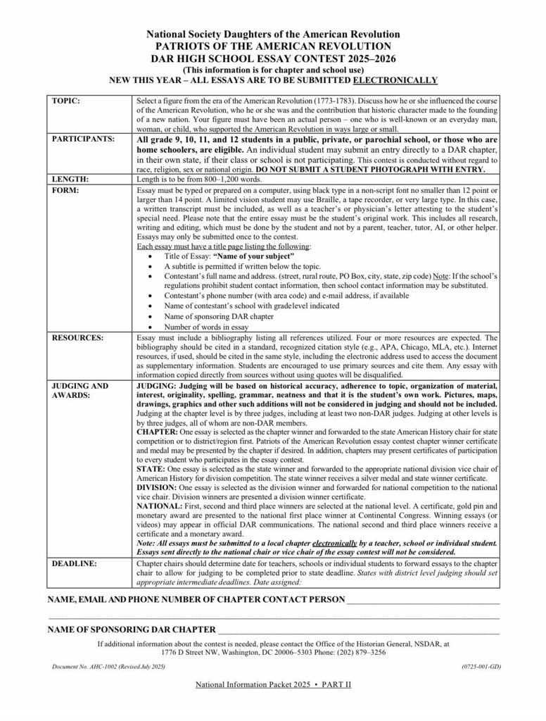 Daughters of the American Revolution essay contest