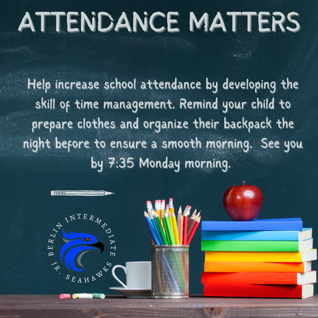 Help increase school attendance by developing the skill of time management. Remind your child to prepare clothes and organize their backpack the night before to ensure a smooth morning. See you by 7:35 Monday morning. #3RsBIS