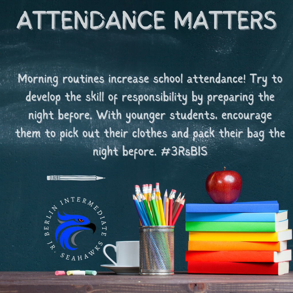 Morning routines increase school attendance! Try to develop the skill of responsibility by preparing the night before. With younger students, encourage them to pick out their clothes and pack their bag the night before. #3RsBIS