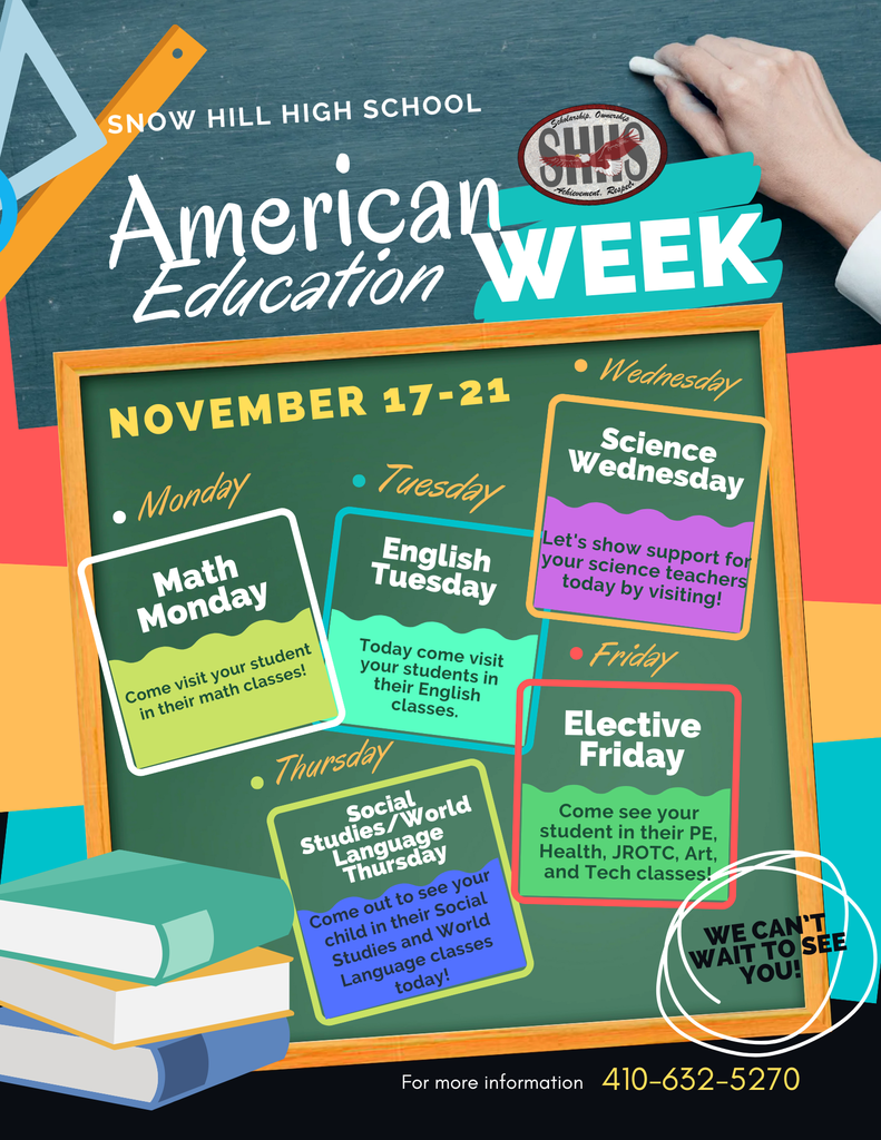 INforgraphic for American Education Week. Chalkboard with cartoon books and small squares with information about which days focus on which departments