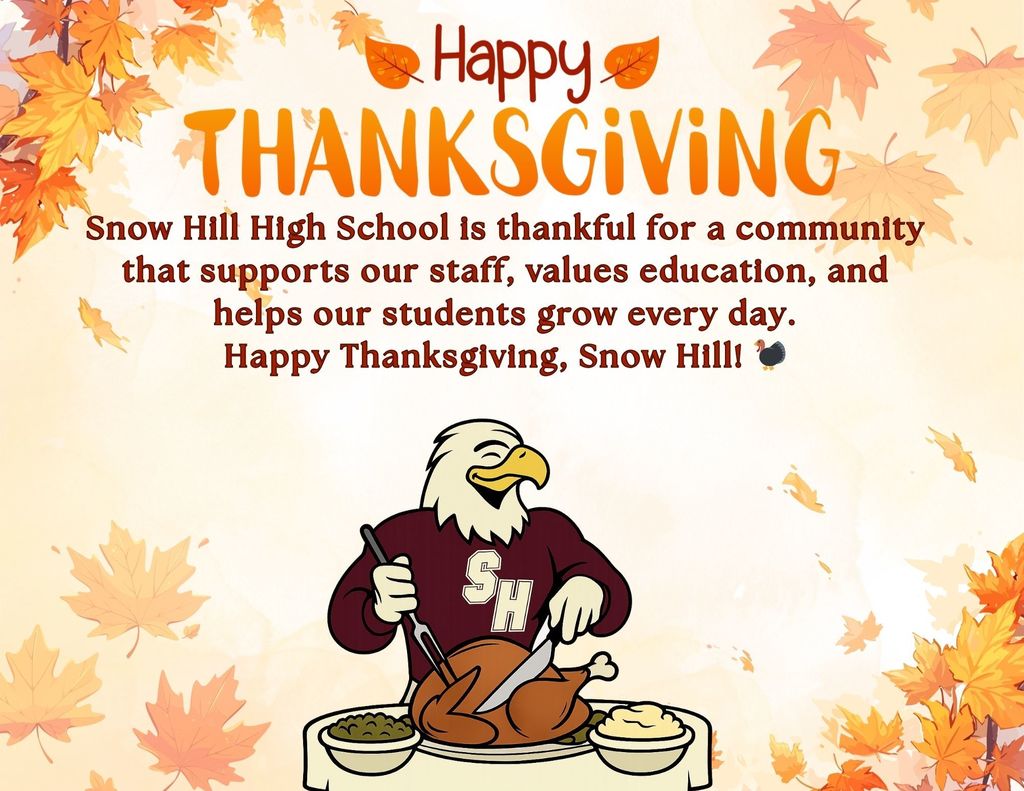 Snow Hill Thanksgiving thank you message with an eagle carving a turkey