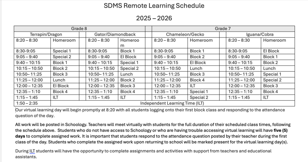 Remote learning schedule.