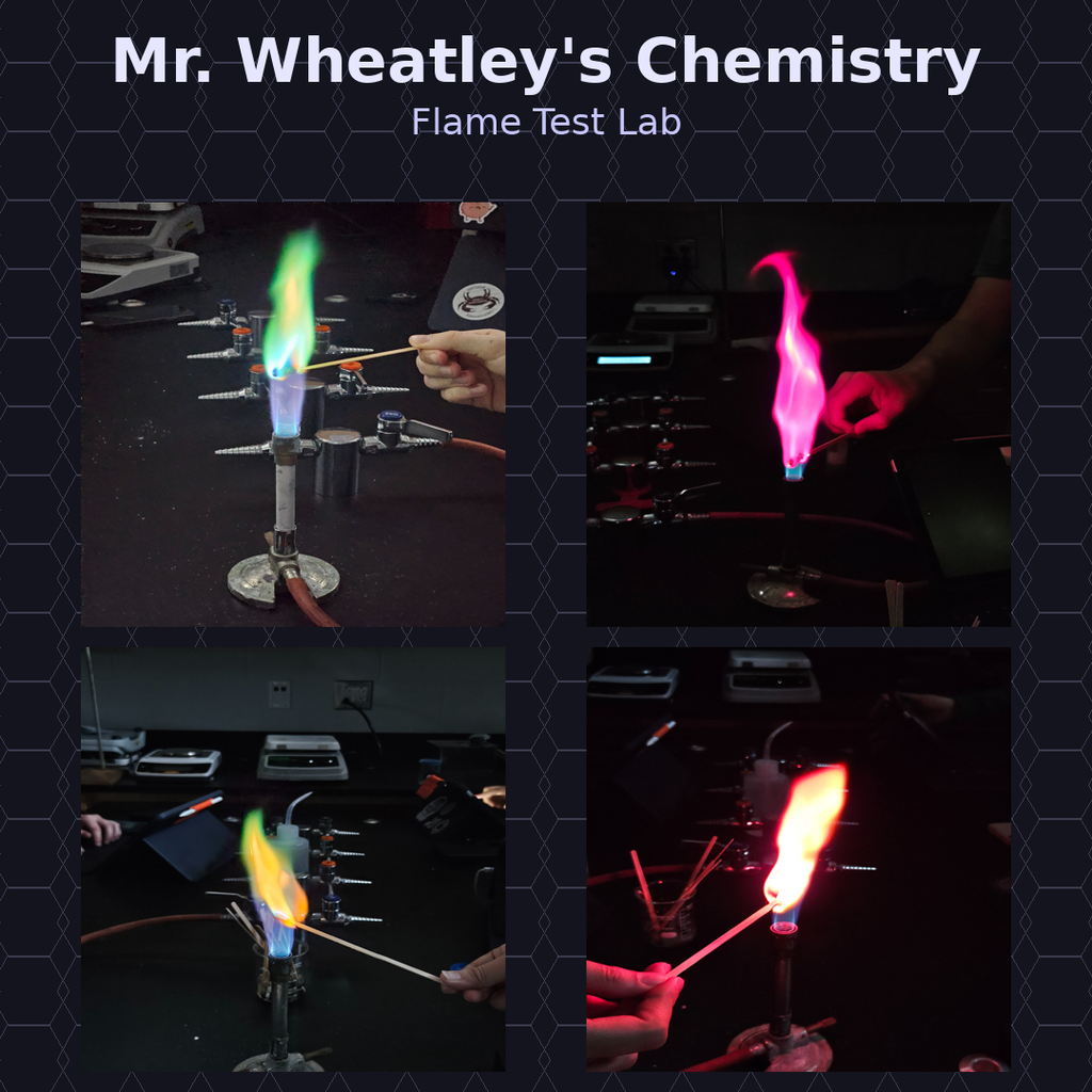 Whealtey Flame test lab. Four different flames based on the compound that was being burned