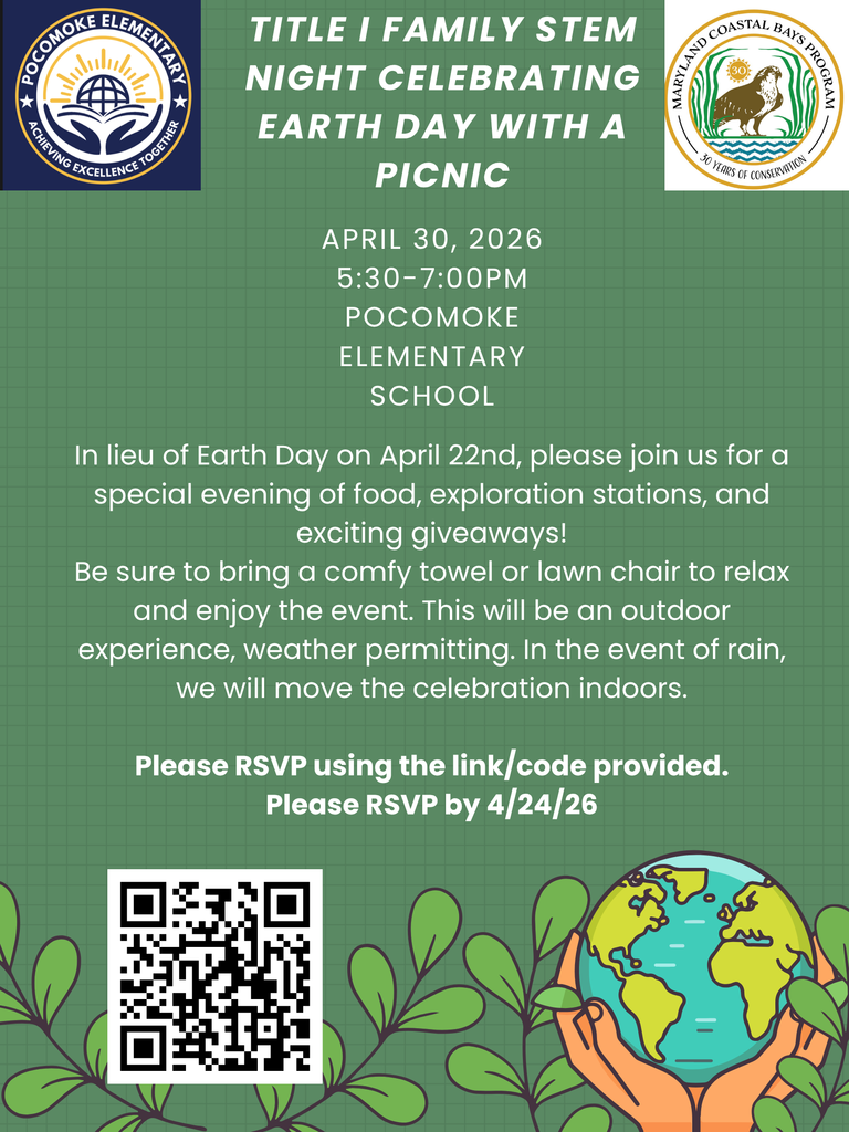 Earth Day themed family night at PES featuring The Maryland Costal Bays Program.  There will be food, fun, and exploration stations. This is an outside event so please bring a lawn chair or towel. If the weather changes, we will move the fun inside of the building. Please RSVP by 4/24/26 to secure your spot. 