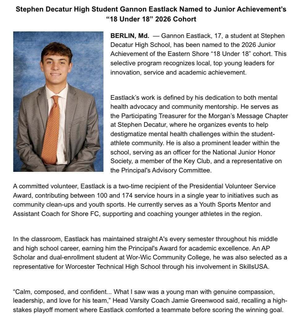 Junior Achievement of the Eastern Shore award winner