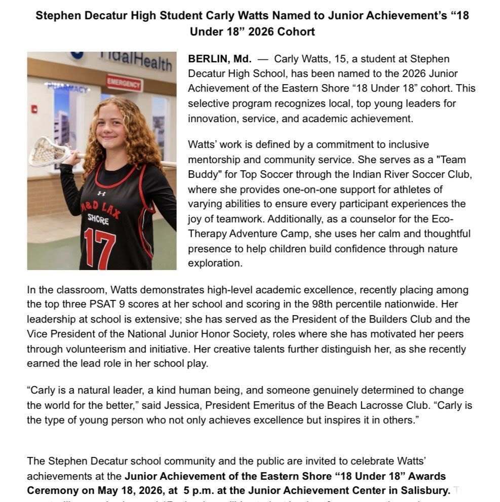 Junior Achievement of the Eastern Shore award winner