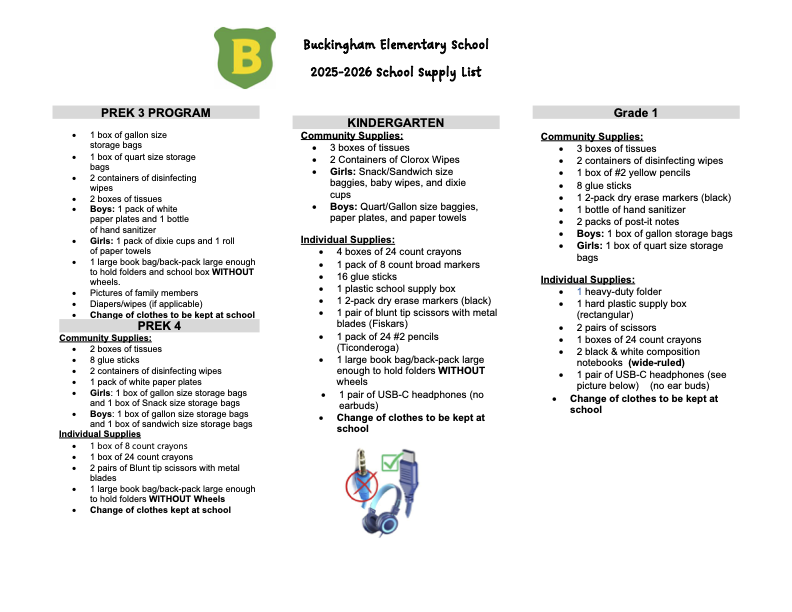 School Supplies List