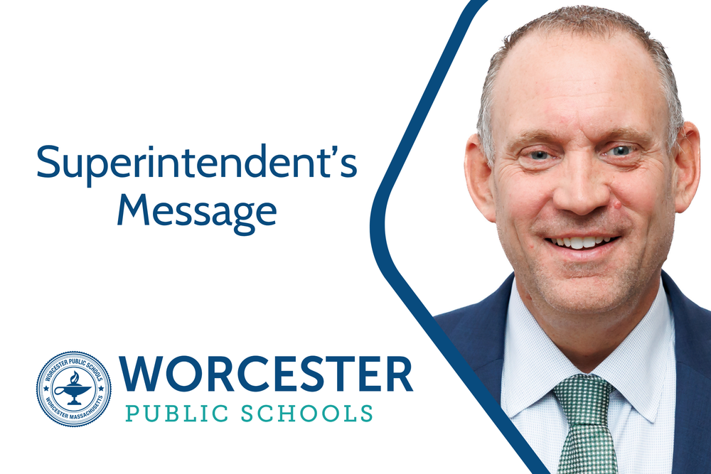 An image of Brian Allen and the text "Superintendent's Message: Brian E. Allen. Worcester Public Schools"