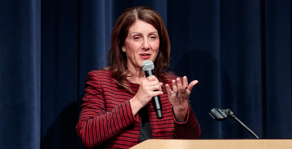 Dr. Rachel H. Monárrez, Superintendent of the Worcester Public Schools, addresses an audience from the stage of Worcester Technical High School during the 2024 Evening of Innovation Awards. (Photo by Kyle Prudhomme, WPS Communications Specialist.)