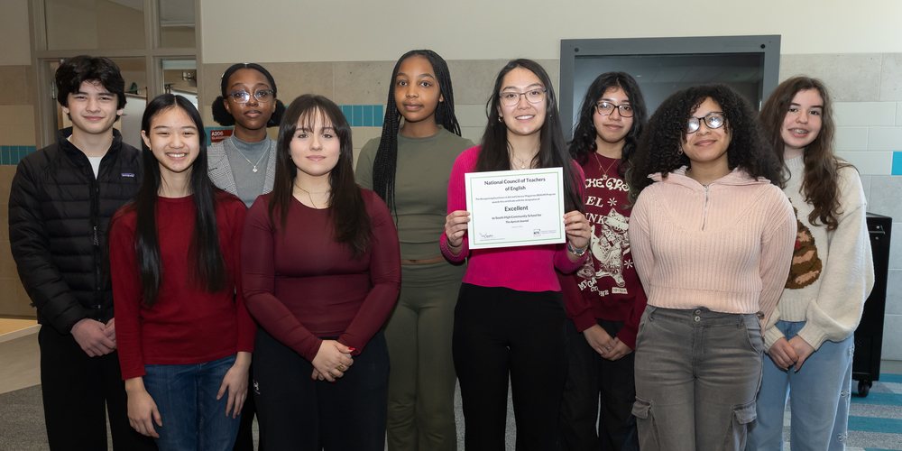 From left, The Apricot Journal editors Miles Bai ’28, Esther Ong ’29, Patience Munyiri ’27, Ketlyn Flauzino ’27, Natasha Nderitu ’27, Madeline Trombly ’27, Ashley Serrano ’27, Jugeiry Perez ’26, and Vasiana Mancoli ’27 stand for a photo on February 10, 2026. 
