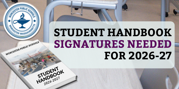 A student handbook for the 2026-2027 school year is shown, with text indicating signatures are needed.