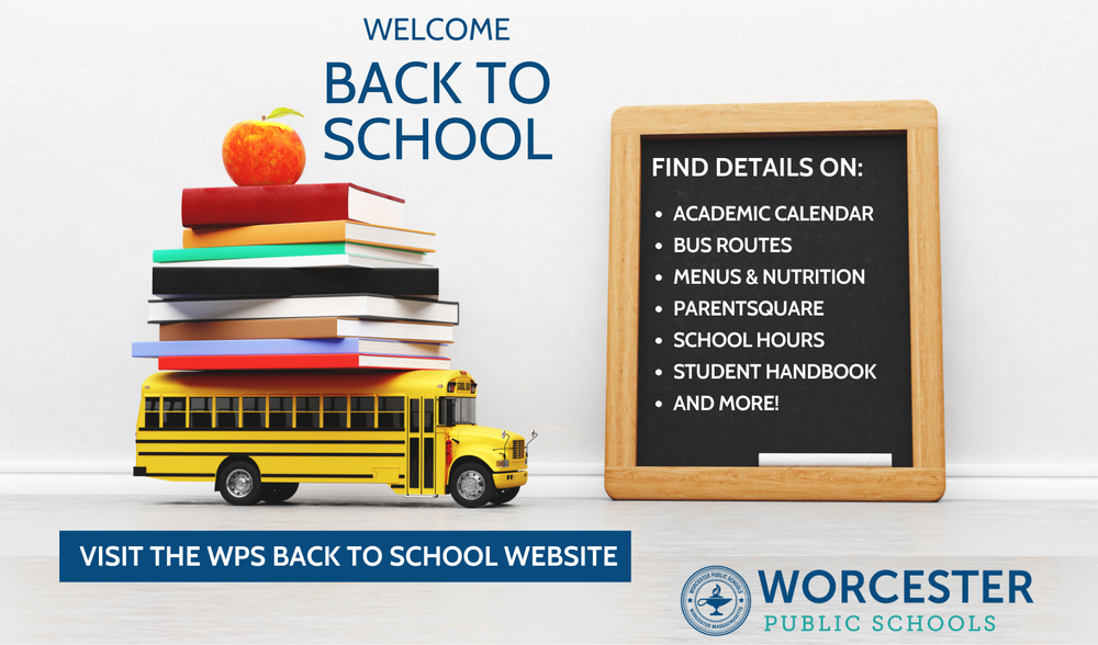 Back to School infographic with a bus and chalkboard outlining items on the website