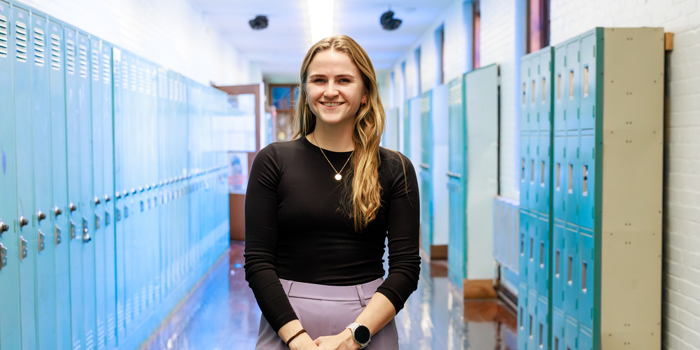 Colleen Cutting in the hallway of Worcester East Middle School.