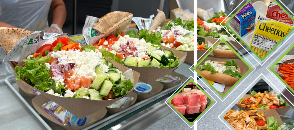Freshly prepared salads with feta cheese, tomatoes, cucumbers, and lettuce in paper cones, served with pita bread.