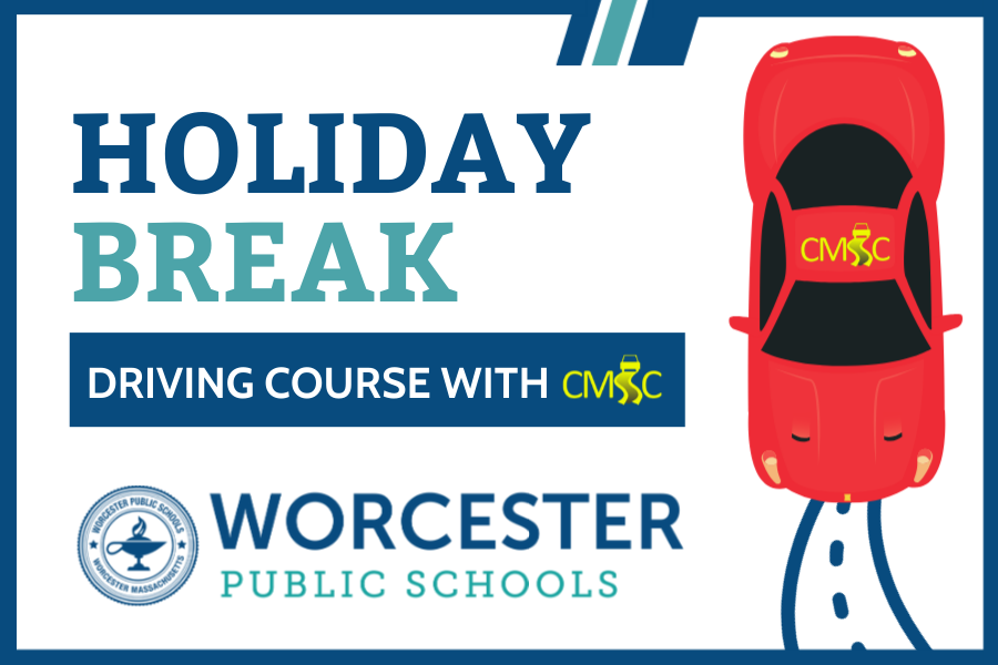 Advertisement for a holiday break driving course with a red car graphic.