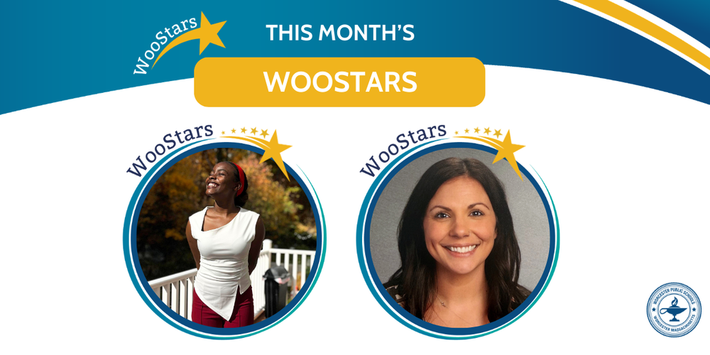 A WooStars round up graphic featuring 12th grade student Marly Carries and math teacher Alyssa Conti.
