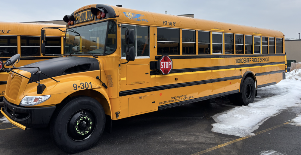 An electric school bus parked 