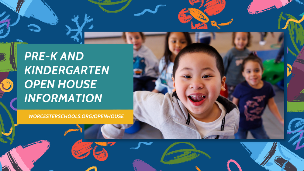 A banner image that says Pre-K and Kindergarten Open House Information. It includes an image of students laugh and smile during a pre-k play group.