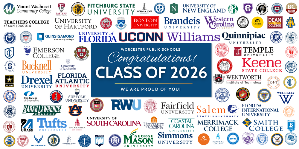 A graphic that says "Congratulations Class of 2026" and "We are proud of you" with logos from colleges and universities.
