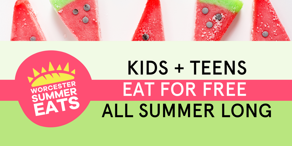 Watermelon-shaped popsicles are arranged on a white background, with text promoting free summer meals.