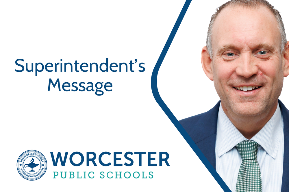 An image of Brian Allen and the text "Superintendent's Message: Brian E. Allen. Worcester Public Schools"
